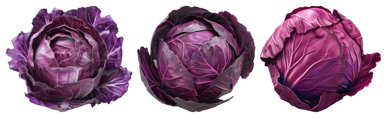 Obraz premium PNG Vibrant purple cabbage trio, element set on transparent background