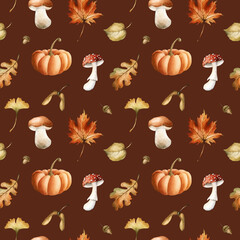 Pumpkin Mushroom Autumn Leaves Acorn Seed. Watercolor hand painted forest seamless pattern on brown background cozy fall