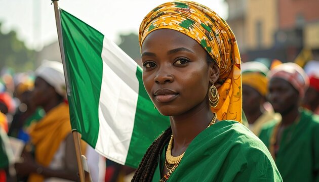 Proud Nigerian woman with vibrant headwrap and traditional attire beside national flag