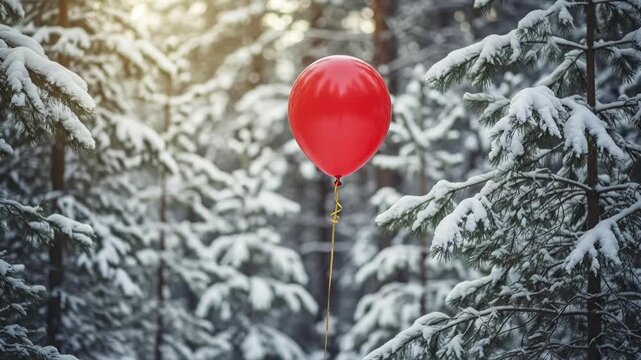 Vibrant red balloon floating in a magical snowy forest landscape with soft sunlight.