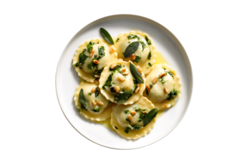 Spinach and ricotta ravioli with sage and pine nuts on a white plate, isolated on transparent background