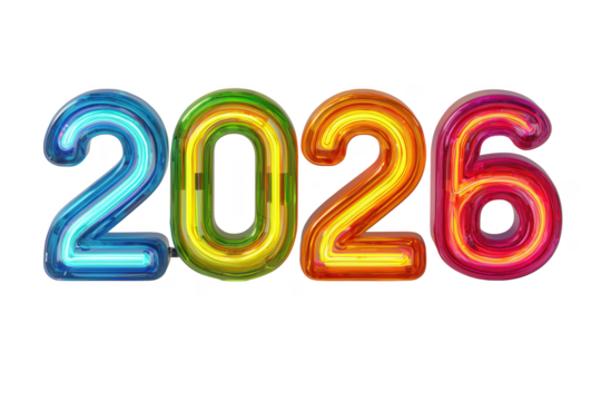 Glowing neon numbers 2026 in vibrant rainbow colors isolated on a transparent background year future
