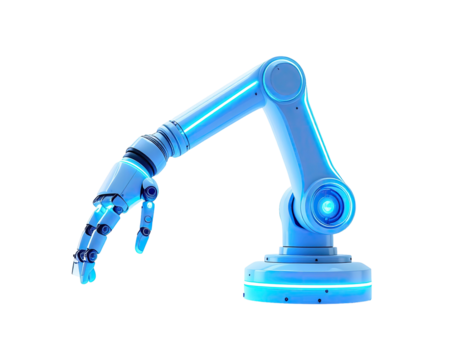 A robotic arm, light-blue glowing, reaching