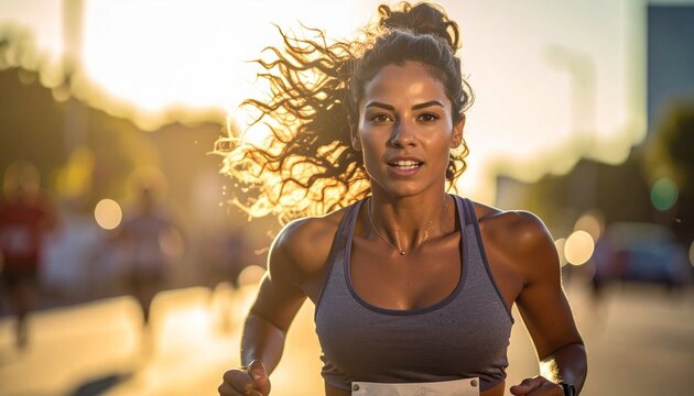 Muscular blazing sun sweat under glistening pushing final marathon runner grueling afternoon miles through
