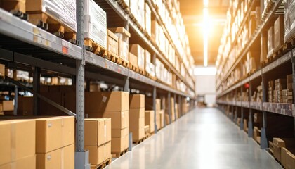 Fototapeta premium Warehouse Interior with Stacked Boxes and Pallets, Sunlight Glint