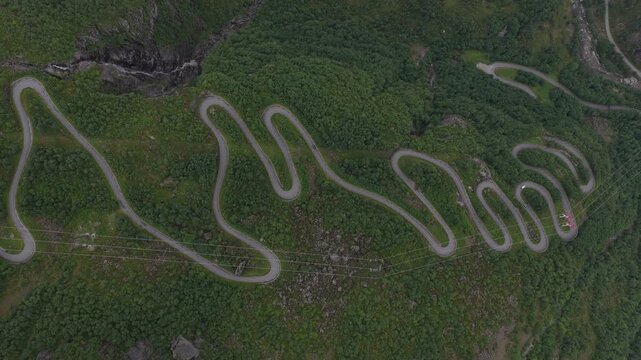 Aerial drone view of the winding trolls' path mountain road in norway