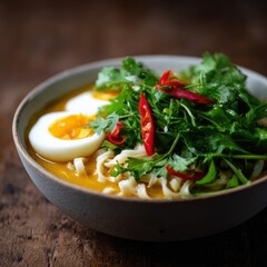 Close-up of a bowl of spicy noodle soup with fresh herbs, boiled eggs, and chili peppers on a rustic table