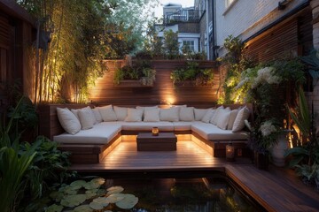 A serene, secluded outdoor living space bathed in warm, inviting light, featuring a comfortable sectional sofa and lush greenery surrounding a tranquil water feature.