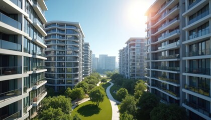 Obraz premium Aerial view of modern apartment complex on sunny day. Buildings with balconies and clear sky showcase urban living and city landscape. Residential area development with skyscrapers and sunlight.