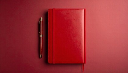 Red Notebook and Pen on Red Background - Minimalist Flat Lay