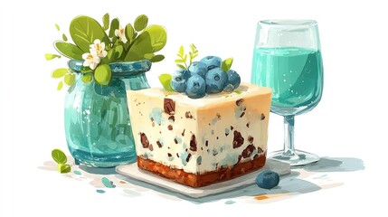 Blueberry Cheesecake with Floral Arrangement and Beverage