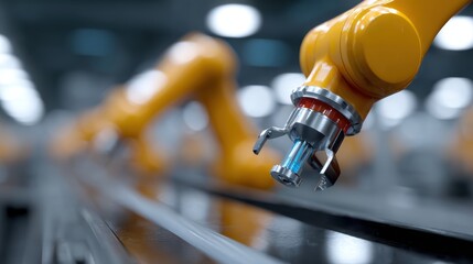 Robotic production line with multiple arms efficiently assembling electronics under bright factory lighting