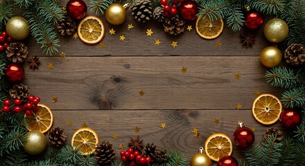 A festive Christmas frame with pine, red berries, and ornaments on a rustic dark wooden table background.


