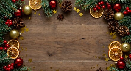A festive Christmas frame with pine, red berries, and ornaments on a rustic dark wooden table background.

