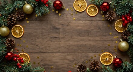 A festive Christmas frame with pine, red berries, and ornaments on a rustic dark wooden table background.

