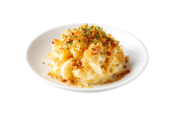 Baked macaroni and cheese with crispy breadcrumbs and herbs on a white plate, isolated on transparent background