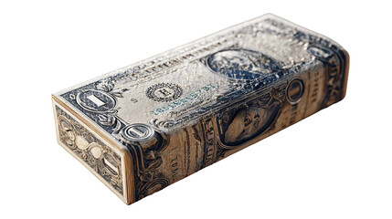 Frozen block of United States one dollar bills, artistic presentation on transparent background