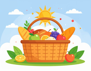 Fototapeta premium Vibrant illustration of a summer picnic basket filled with fresh fruits and bread on green grass under a sunny sky. Ideal for healthy outdoor fun