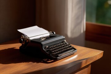 Vintage typewriter with sheet of paper halfway inserted on a wooden desk bathed in warm natural light from a nearby window
