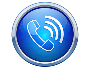 Blue phone icon, metallic frame, call button