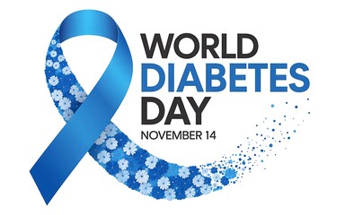 World diabetes day blue ribbon with floral pattern and particles isolated on white background