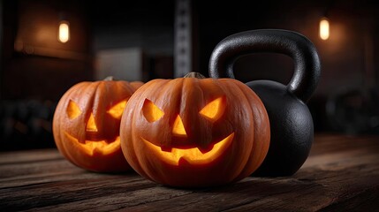 Fototapeta premium Halloween pumpkins on wooden with kettlebell concept. Halloween pumpkins with kettlebell in a cozy, rustic setting.