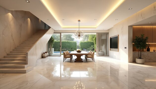Modern villa interior features open plan dining area with garden view. Marble floors, grand staircase, large windows create bright, airy atmosphere. Elegant, roomy residence perfect for luxury real