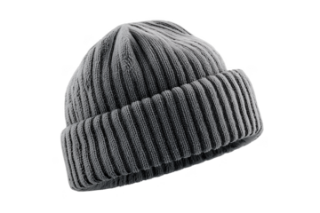 Gray ribbed knit beanie hat with folded brim isolated on a transparent background image