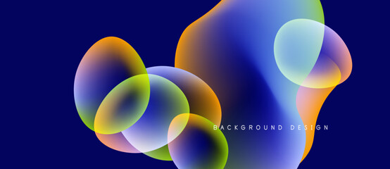 Abstract colorful shapes overlap, creating vibrant fluid design. Dark blue background enhances bright hues, modern aesthetic.