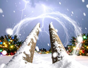 Winter storm with lightning strikes and Christmas lights