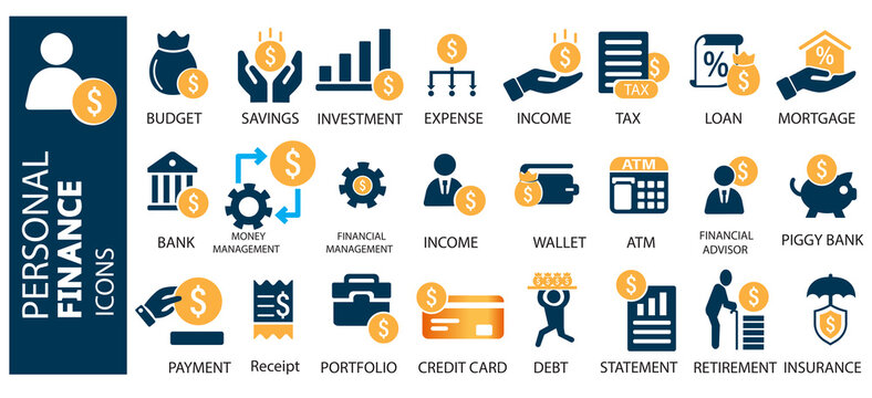 Personal finance icon set. Containing budget, savings, expense, income, tax, loan, statement, financial management, mortgage and more