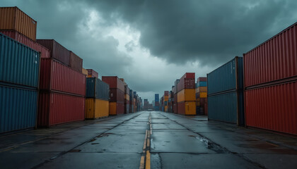 Fototapeta premium Rows of industrial shipping containers stretch into distance under dark cloudy sky. Steel cargo modules in various colors stack high. Wet asphalt ground reflects dim light. Global logistics, freight