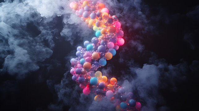 Vibrant energy stream of colorful spheres and swirling smoke creating a dynamic, abstract scientific concept.