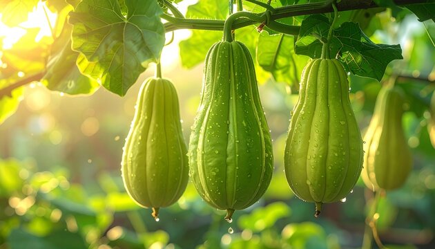 Fresh chayote plants in the garden, vibrant green fruits dangling among lush vines and leaves, symbolizing healthy organic growth and freshness