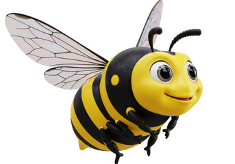 Isolated honey bee with cartoonish features, rendered image, cute and cheerful, happy insect