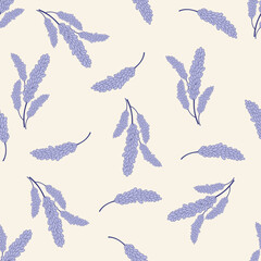 Minimal lavender sprigs seamless pattern on cream background, great for fabric, wallpaper, and spring designs.
