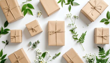 Eco-Friendly Gift Boxes with Greenery and Flowers, Flat Lay