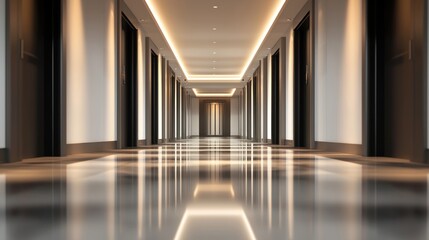 Fototapeta premium Reflective Elegance: A Modern Hotel Corridor
