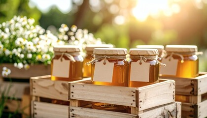 Fresh Honey Jars in Wooden Crates, Summer Garden Bokeh Background