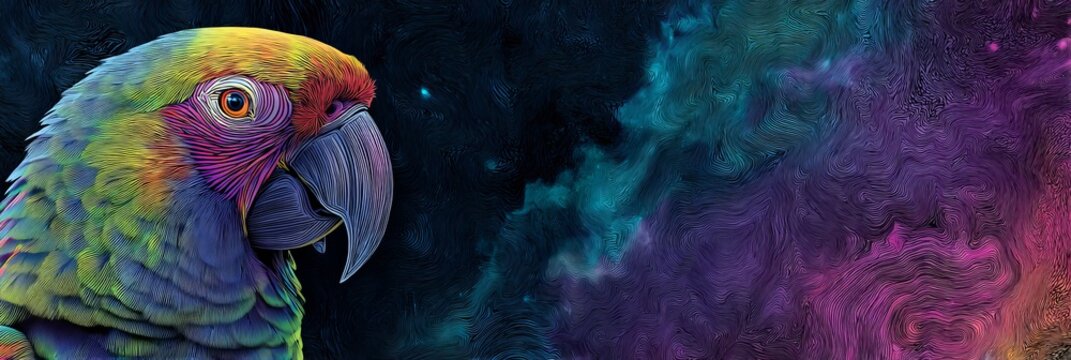 Vibrant parrot against a cosmic backdrop filled with colorful swirls.