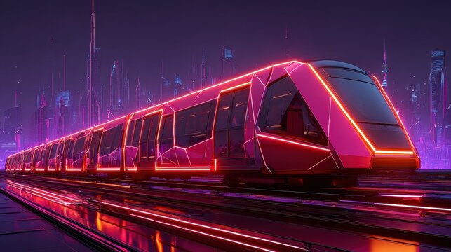 Futuristic neon train speeding through a vibrant digital city at night