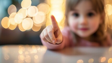 Toddler Girl Pointing, Festive Lights Background