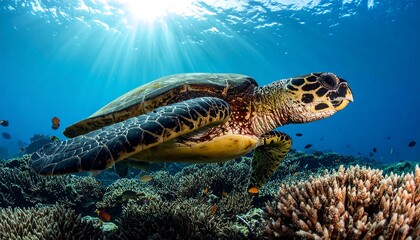 Fototapeta premium A majestic sea turtle gracefully glides through a vibrant coral reef ecosystem, bathed in the sun's underwater rays.