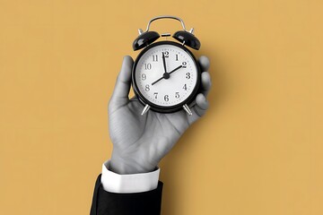 Hand Holding Alarm Clock: A black and white image of a hand confidently holding a classic alarm clock against a simple yellow background.