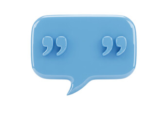 Isolated glossy blue 3D speech bubble with quotation marks for messages or testimonials