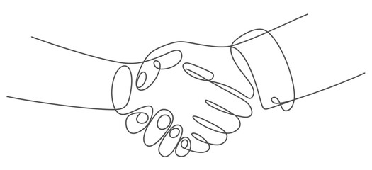 Single line drawing of two hands shaking representing agreement partnership and success in business vector
