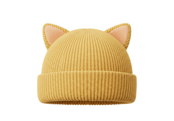 Isolated knit hat with cat ears, yellow and pink, warm cap for winter wear, headgear, fashion