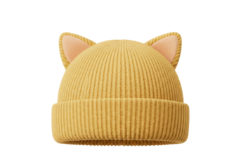 Isolated knit hat with cat ears, yellow and pink, warm cap for winter wear, headgear, fashion