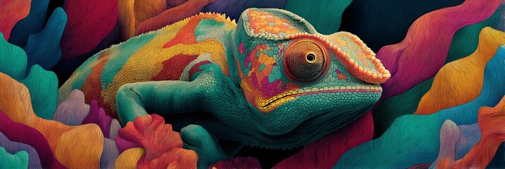 A colorful chameleon blends with vibrant coral-like textures and hues.