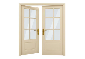 Isolated beige wooden double doors with glass inserts open in a doorway, home interior
